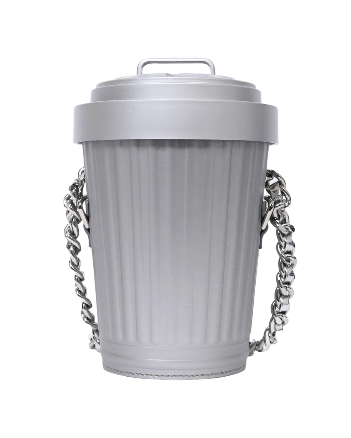 Moschino Trash Can chain shoulder bag in grey, front view of the ridged canister with lid handle and chain at both sides