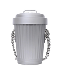 Moschino Trash Can chain shoulder bag in grey, front view of the ridged canister with lid handle and chain at both sides