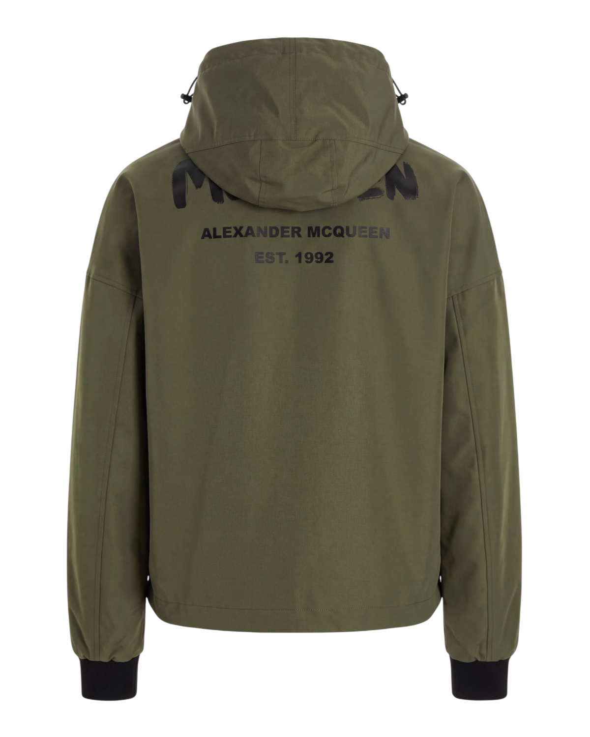 Alexander McQueen Graffiti logo nylon windbreaker in army green, back flat view with logo and Est. 1992 print