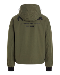 Alexander McQueen Graffiti logo nylon windbreaker in army green, back flat view with logo and Est. 1992 print