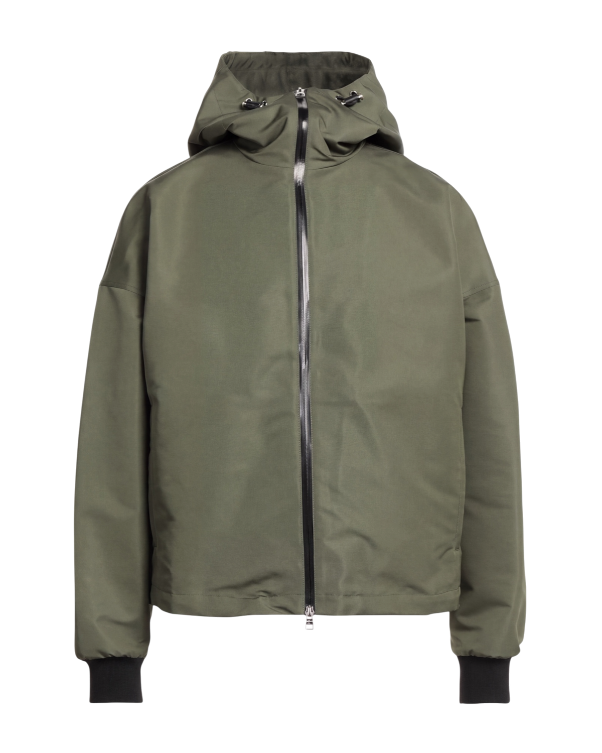 Alexander McQueen Graffiti logo nylon windbreaker in army green, front flat view with black ribbed cuffs