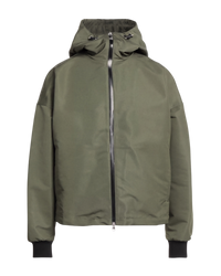 Alexander McQueen Graffiti logo nylon windbreaker in army green, front flat view with black ribbed cuffs