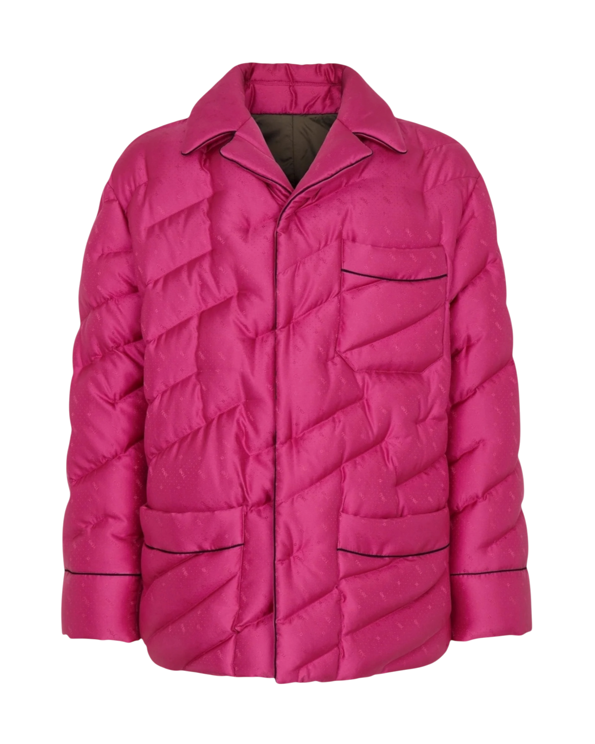 Fendi reversible quilted puffer blouson in azalea, front flat view with point collar and dark piped pockets