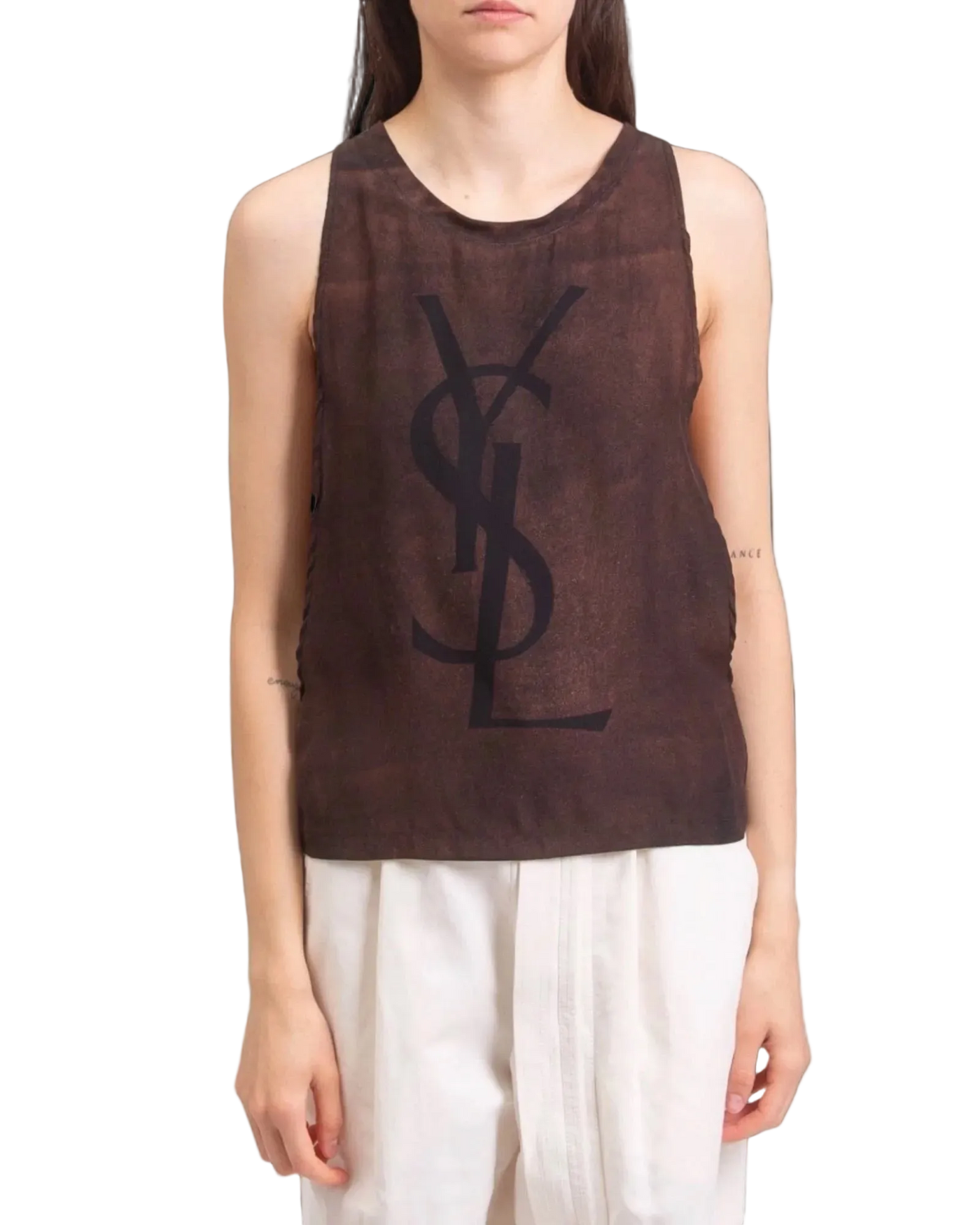 Yves Saint Laurent Rive Gauche Silk Logo Canotta — Brown, Size S