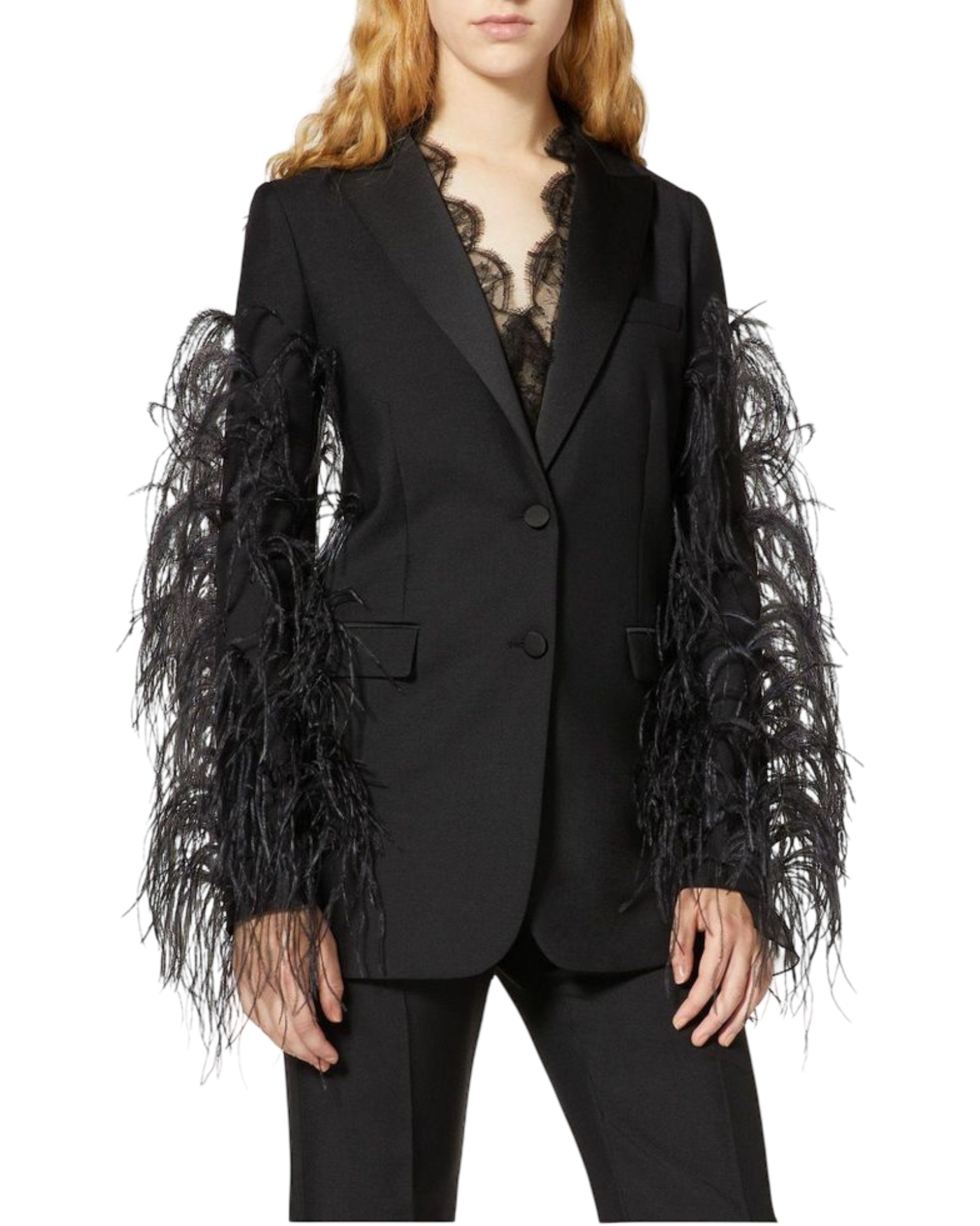 Valentino Garavani Ostrich Feather & Mohair Tuxedo Jacket in Black