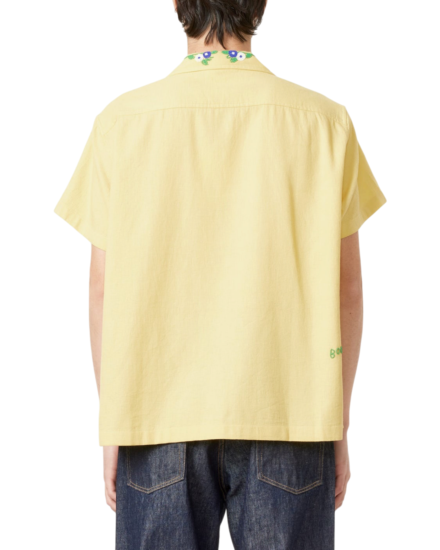 Bode 'Chicory' Bead-Embellished Waffle-Knit Cotton Shirt — Yellow, Size M