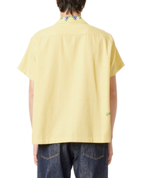 Bode 'Chicory' Bead-Embellished Waffle-Knit Cotton Shirt — Yellow, Size M