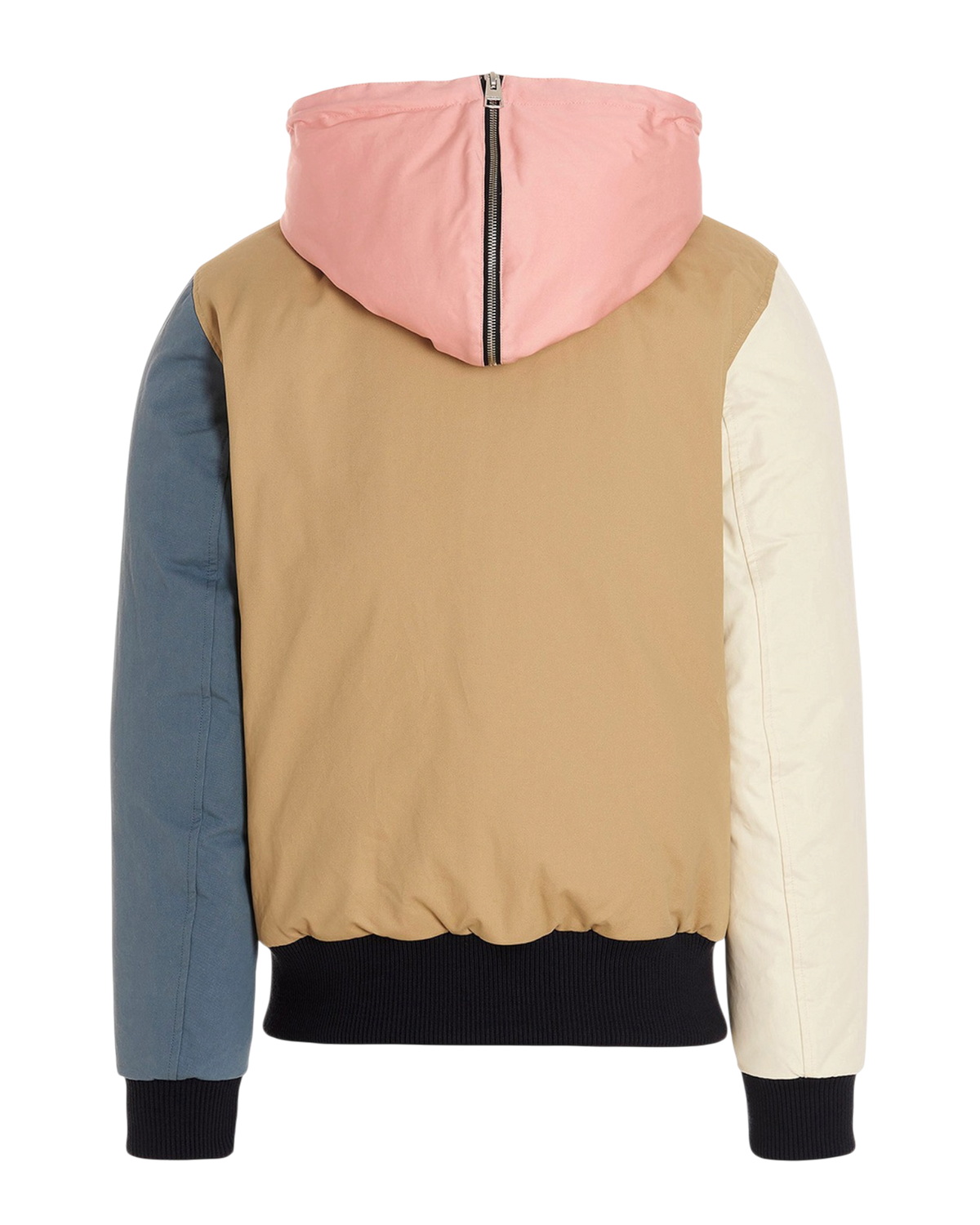 JW Anderson colorblock bomber jacket in multicolor, back view with hood up showing the zip seam and ribbed hem