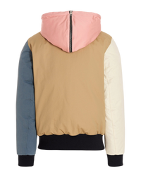 JW Anderson colorblock bomber jacket in multicolor, back view with hood up showing the zip seam and ribbed hem