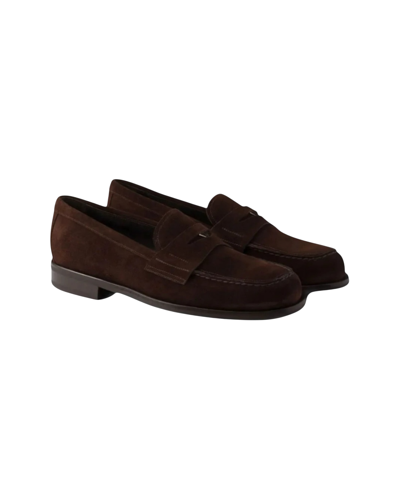 Prada Suede Triangle Penny Loafers — Brown, Size US 11 / UK 10