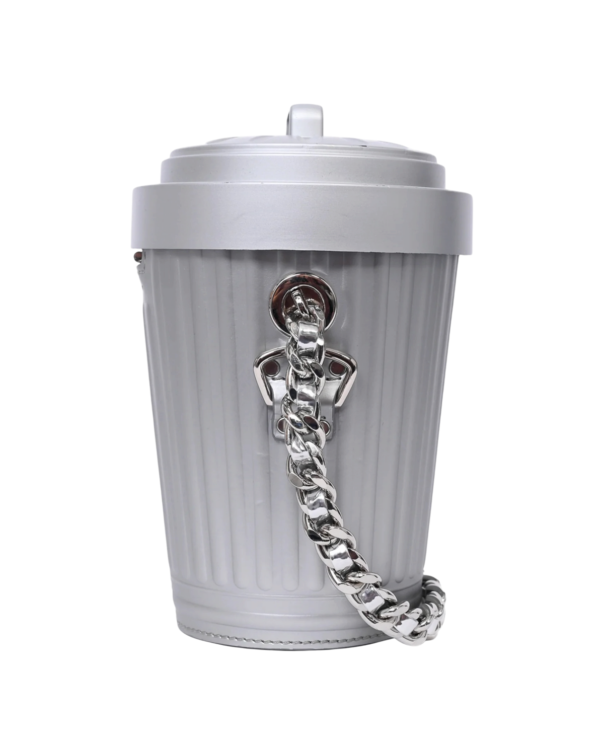 Moschino Trash Can chain shoulder bag in grey, opposite side view with chunky silver curb chain and swivel mount