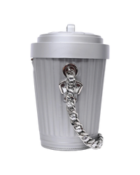 Moschino Trash Can chain shoulder bag in grey, opposite side view with chunky silver curb chain and swivel mount