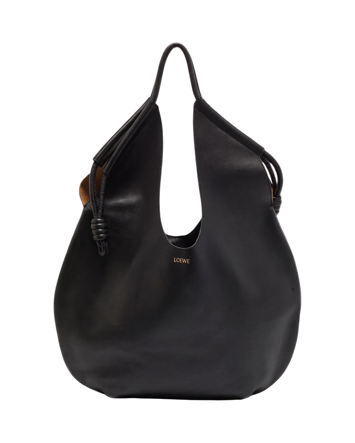 Loewe Paseo knotted leather tote in black, front flat view with single top handle, tan interior and gold Loewe stamp