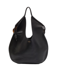 Loewe Paseo knotted leather tote in black, front flat view with single top handle, tan interior and gold Loewe stamp