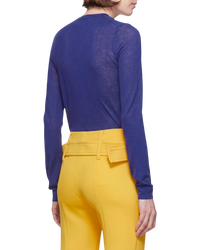 Prada fine-gauge knit crewneck sweater in cobalt on model, back view of the slim fit and long sleeves