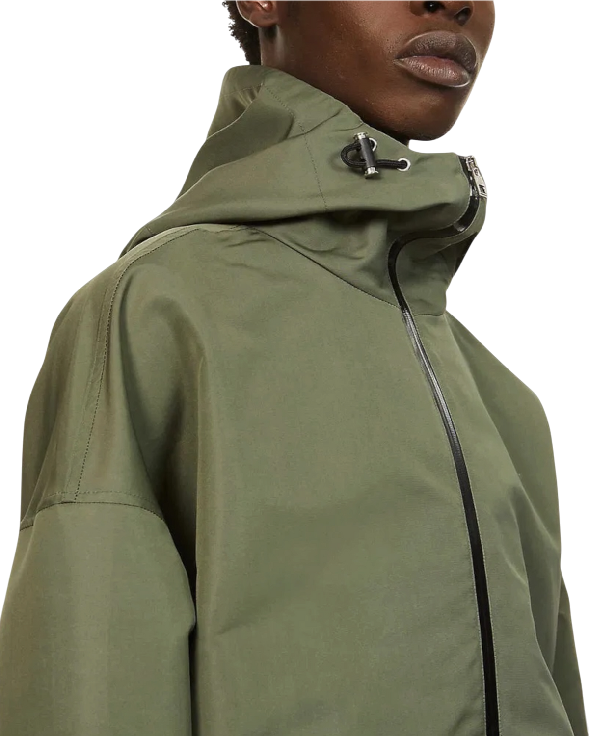 Alexander McQueen Graffiti logo nylon windbreaker in army green on model, close-up of the toggle hood and zip