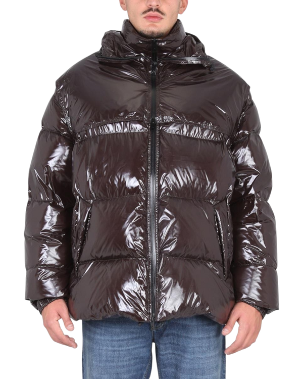 Bottega Veneta Gloss Padded Down Jacket — Brown, Size S