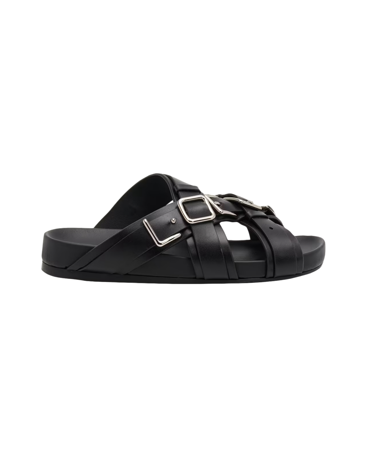 Loewe Type Fussbett sandal in black, side profile with buckled crossover straps and a chunky flat black sole