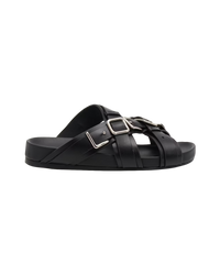 Loewe Type Fussbett sandal in black, side profile with buckled crossover straps and a chunky flat black sole