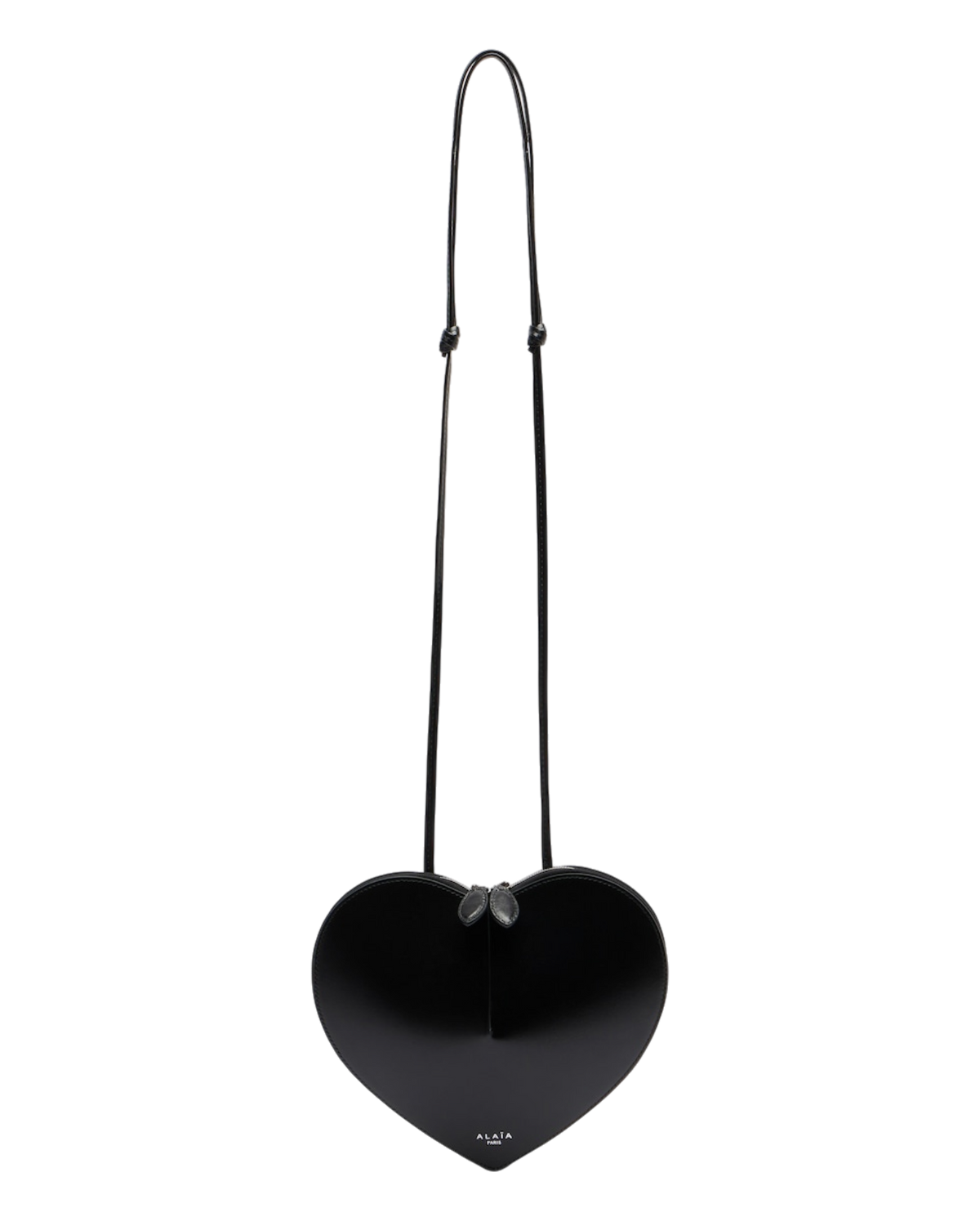 Alaïa Le Coeur leather shoulder bag in black, full-length front view with the thin strap extended