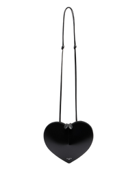 Alaïa Le Coeur leather shoulder bag in black, full-length front view with the thin strap extended