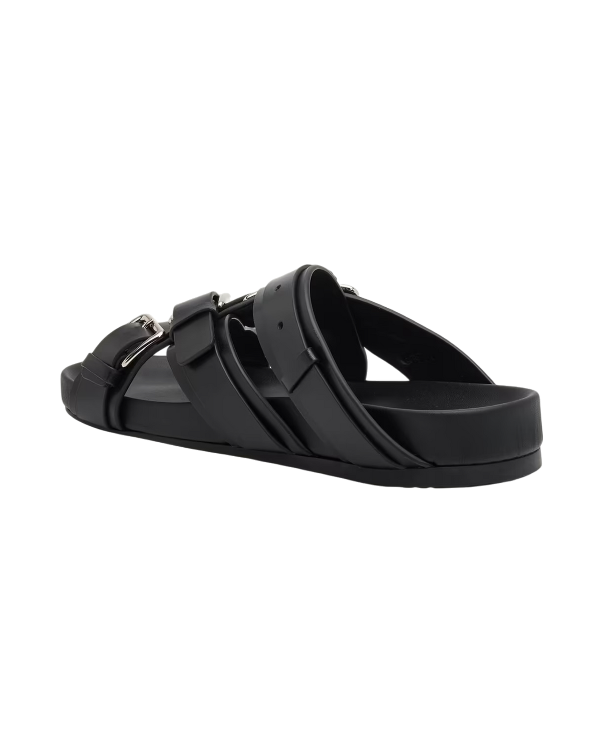 Loewe Type Fussbett sandal in black, rear three-quarter view of the open back, buckled straps and thick footbed