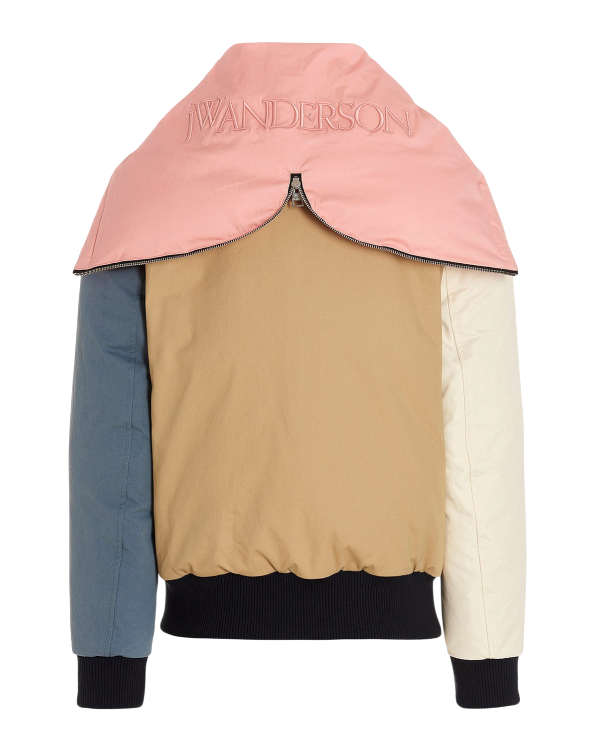 JW Anderson colorblock bomber jacket in multicolor, back view with the pink embossed logo hood worn as a collar