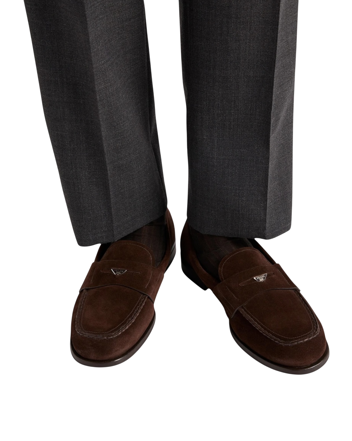 Prada Suede Triangle Penny Loafers — Brown, Size US 11 / UK 10