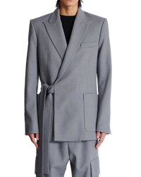 Balmain Double-Crepe Side-Belt Blazer in Grey