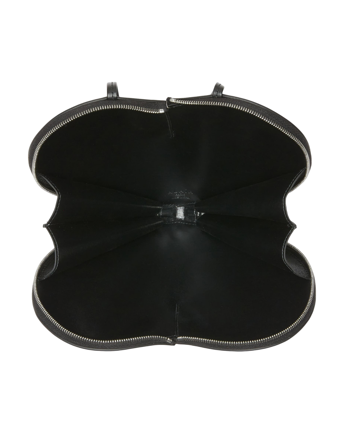 Alaïa Le Coeur leather shoulder bag in black, interior view unzipped flat to show the black lining and silver zip
