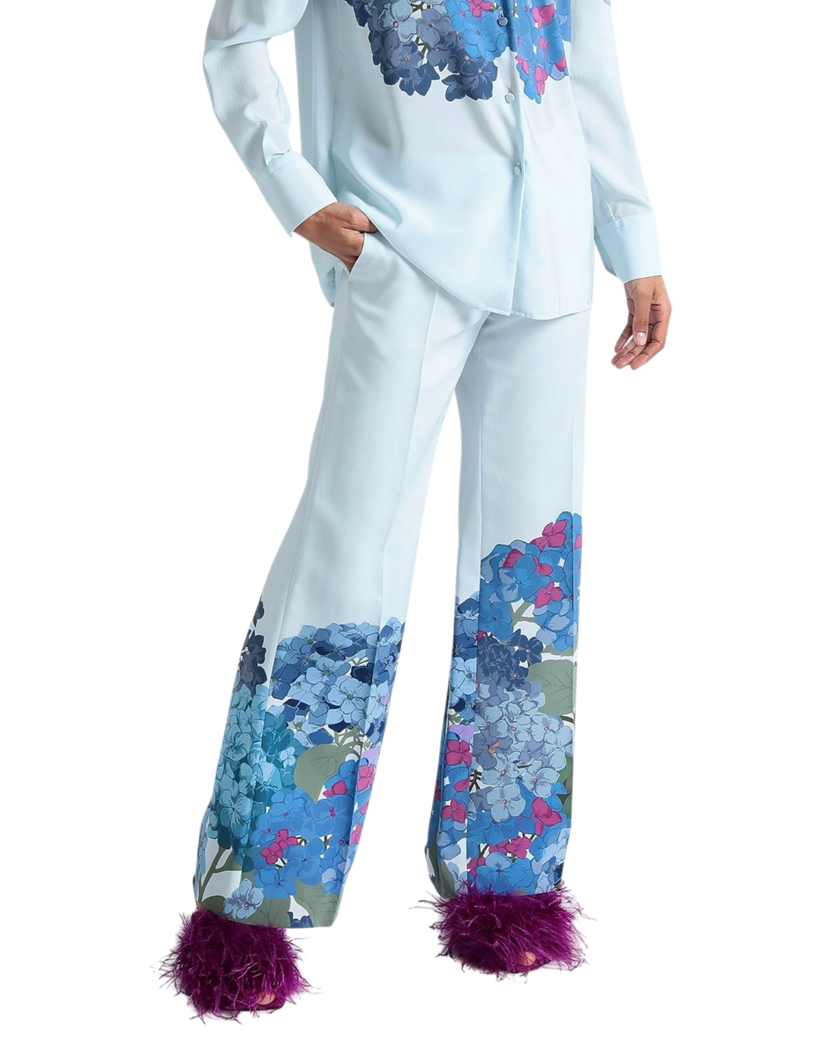 Valentino Garavani Macro Ortensia printed silk flared pants on model, front view with blue hydrangea print hem