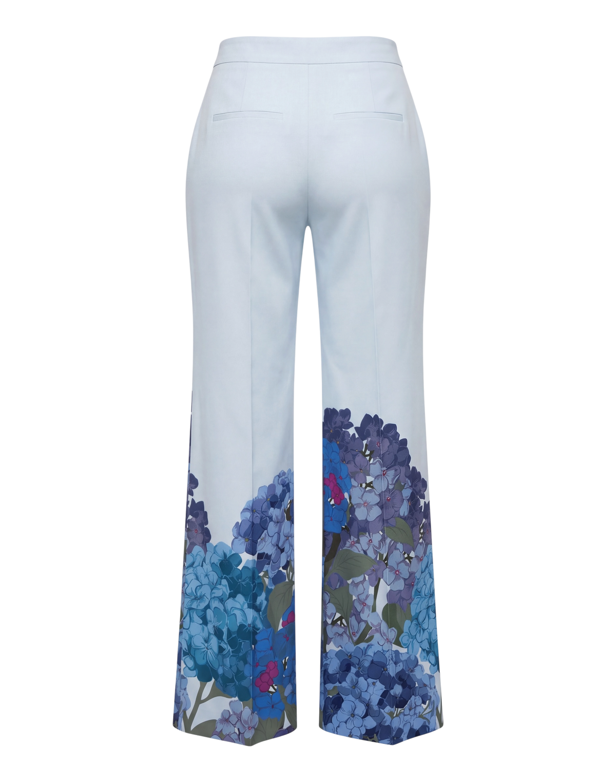 Valentino Garavani Macro Ortensia printed silk flared pants, back flat view with welt pockets and flared leg