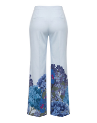 Valentino Garavani Macro Ortensia printed silk flared pants, back flat view with welt pockets and flared leg