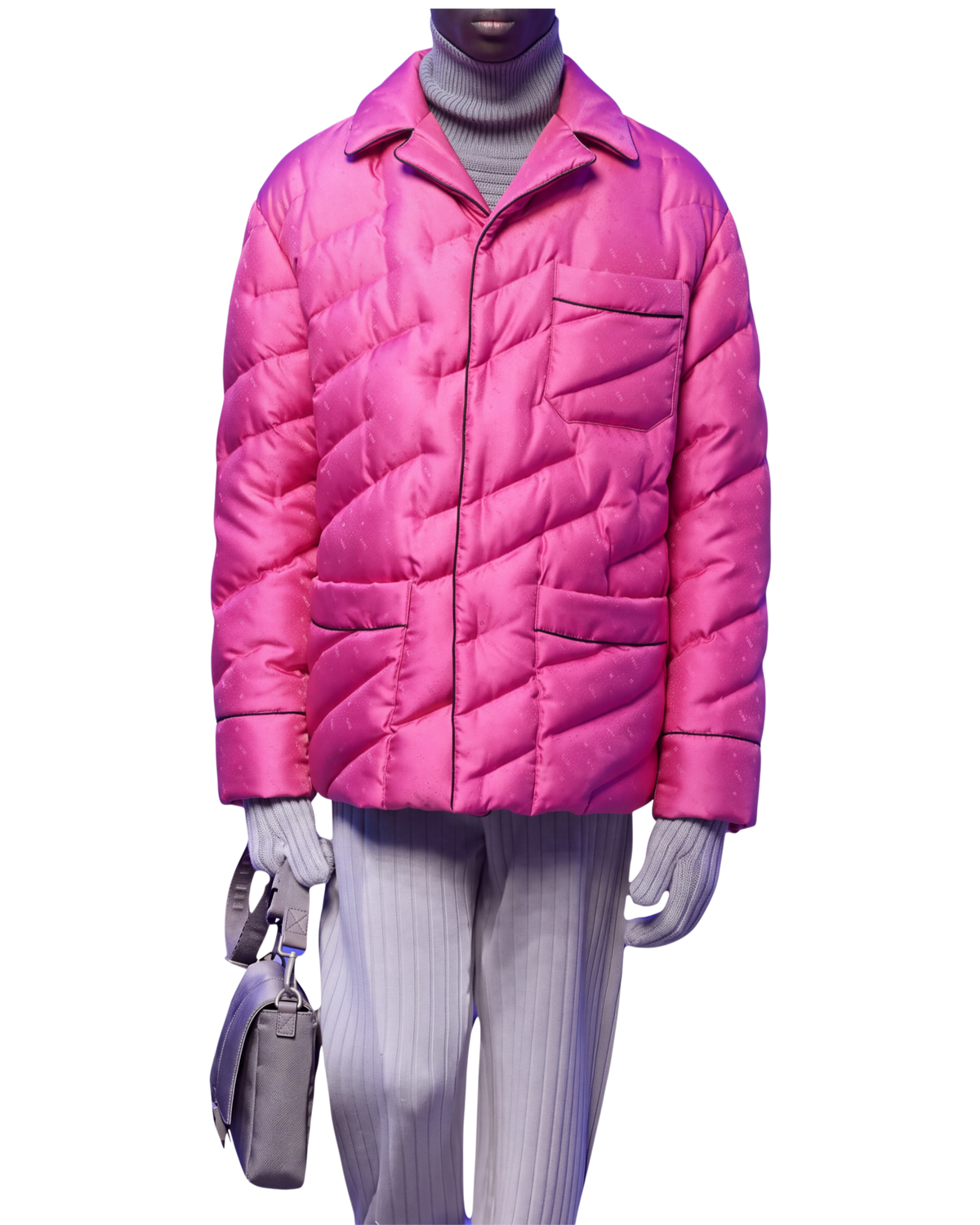 Fendi reversible quilted puffer blouson in azalea on model, front view with diagonal quilting and patch pockets