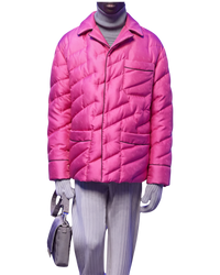 Fendi reversible quilted puffer blouson in azalea on model, front view with diagonal quilting and patch pockets