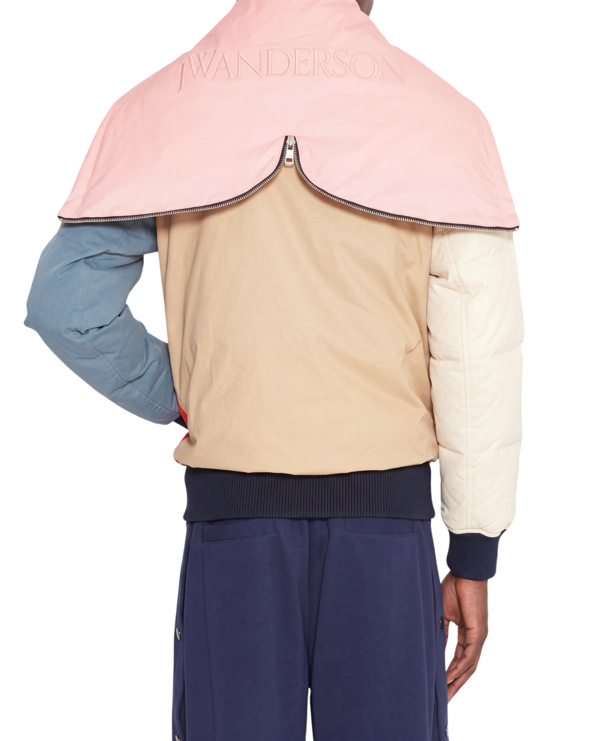 JW Anderson colorblock bomber jacket in multicolor on model, back view with pink logo hood collar and tan body