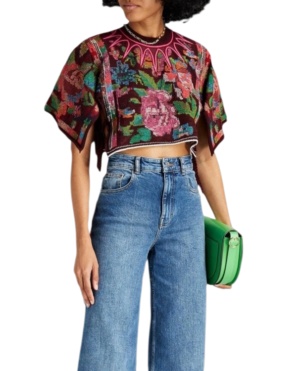 Valentino Garavani Arazzo Floral Crop Sweater — Burgundy, Size XS