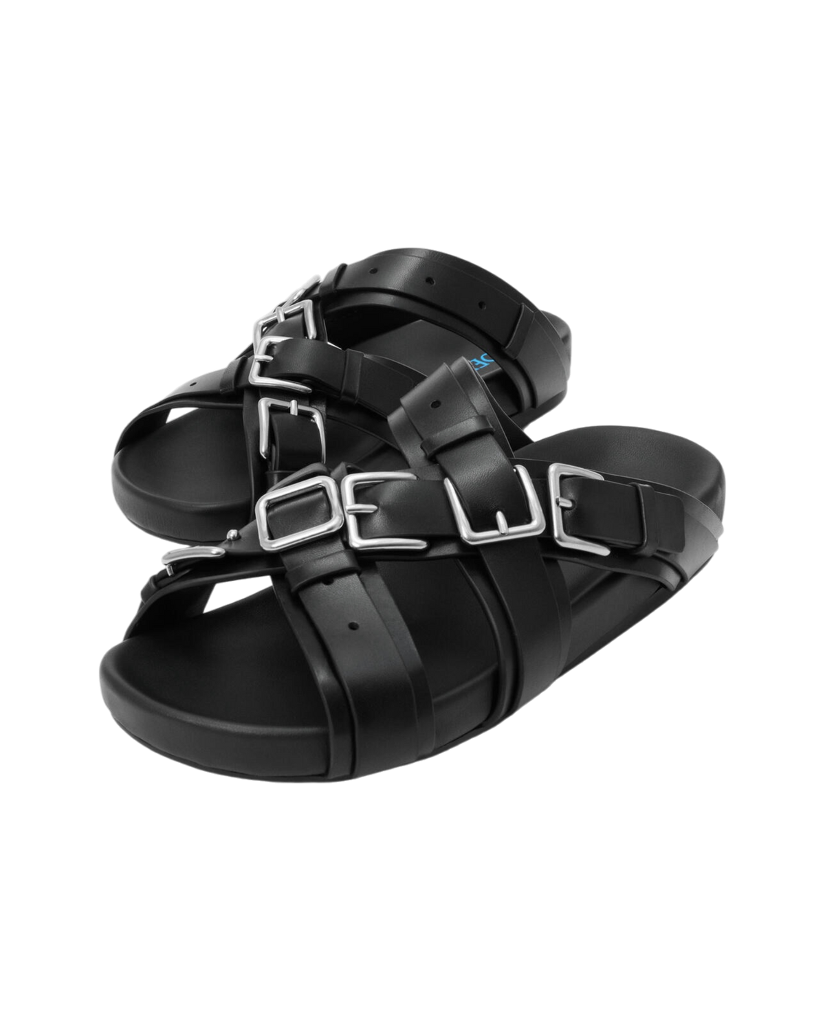 Loewe Type Fussbett sandal in black, angled front view of the pair showing layered straps and thick molded footbeds