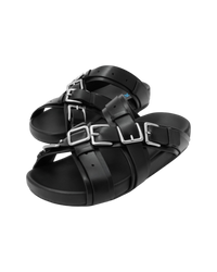 Loewe Type Fussbett sandal in black, angled front view of the pair showing layered straps and thick molded footbeds