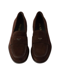 Prada Suede Triangle Penny Loafers — Brown, Size US 11 / UK 10