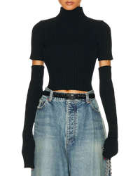 Balenciaga Cut-Up Detachable-Sleeve Ribbed Sweater — Navy, Size M