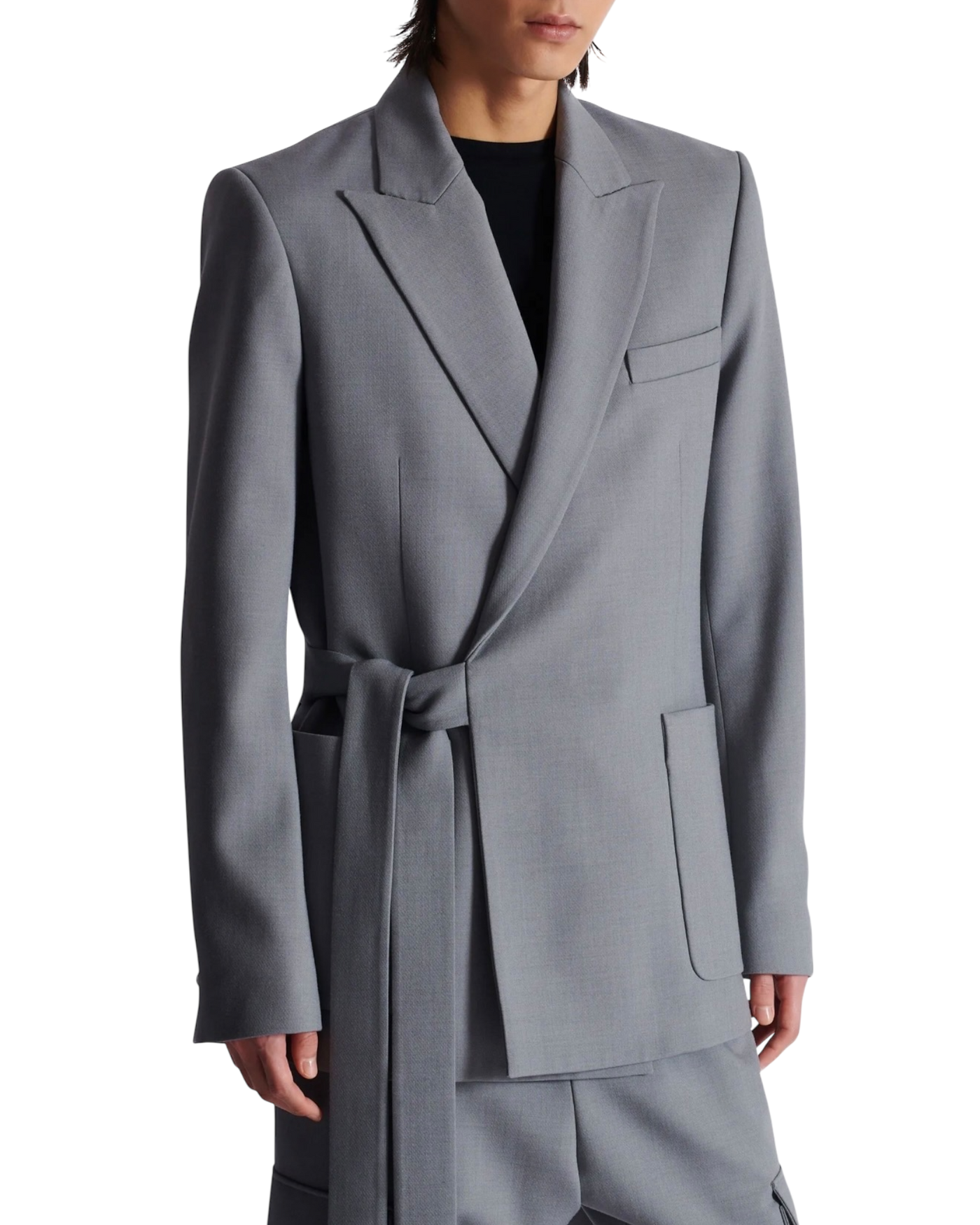 Balmain Double-Crepe Side-Belt Blazer in Grey