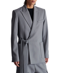 Balmain Double-Crepe Side-Belt Blazer in Grey