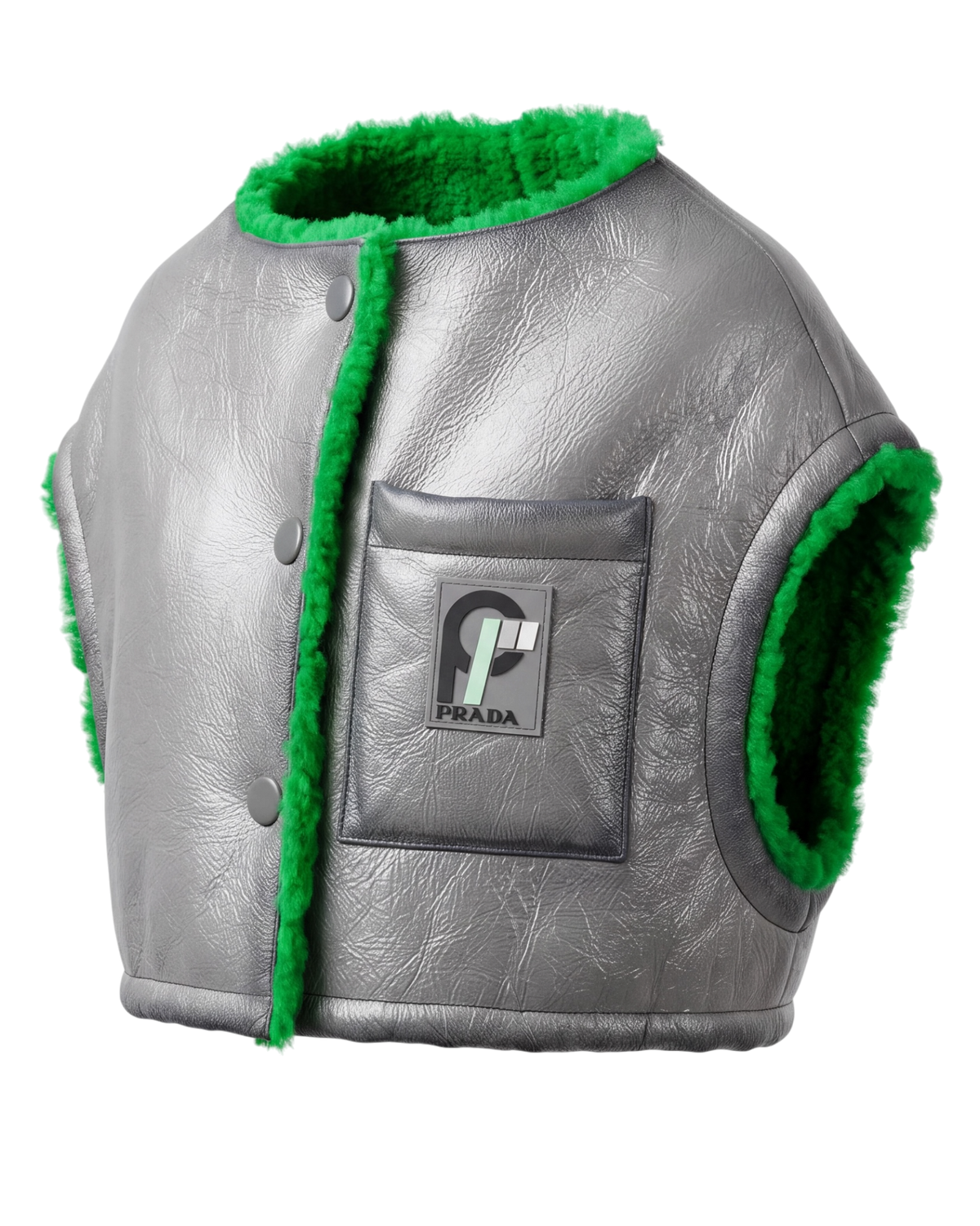 Prada cropped leather shearling vest in grey and green, angled view of the metallic crackled leather and pocket