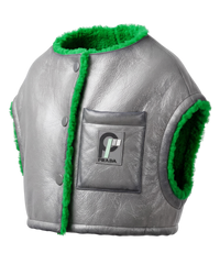 Prada cropped leather shearling vest in grey and green, angled view of the metallic crackled leather and pocket