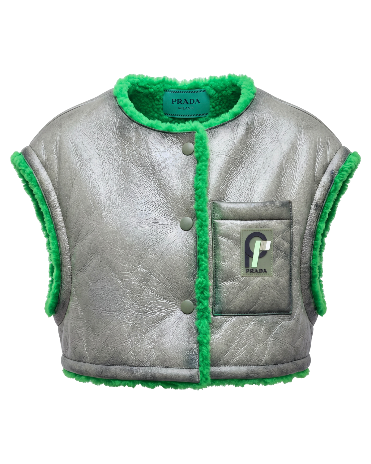 Prada cropped leather shearling vest in grey and green, front flat view with green shearling trim and Prada label
