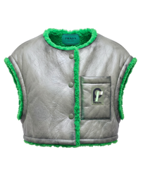Prada cropped leather shearling vest in grey and green, front flat view with green shearling trim and Prada label