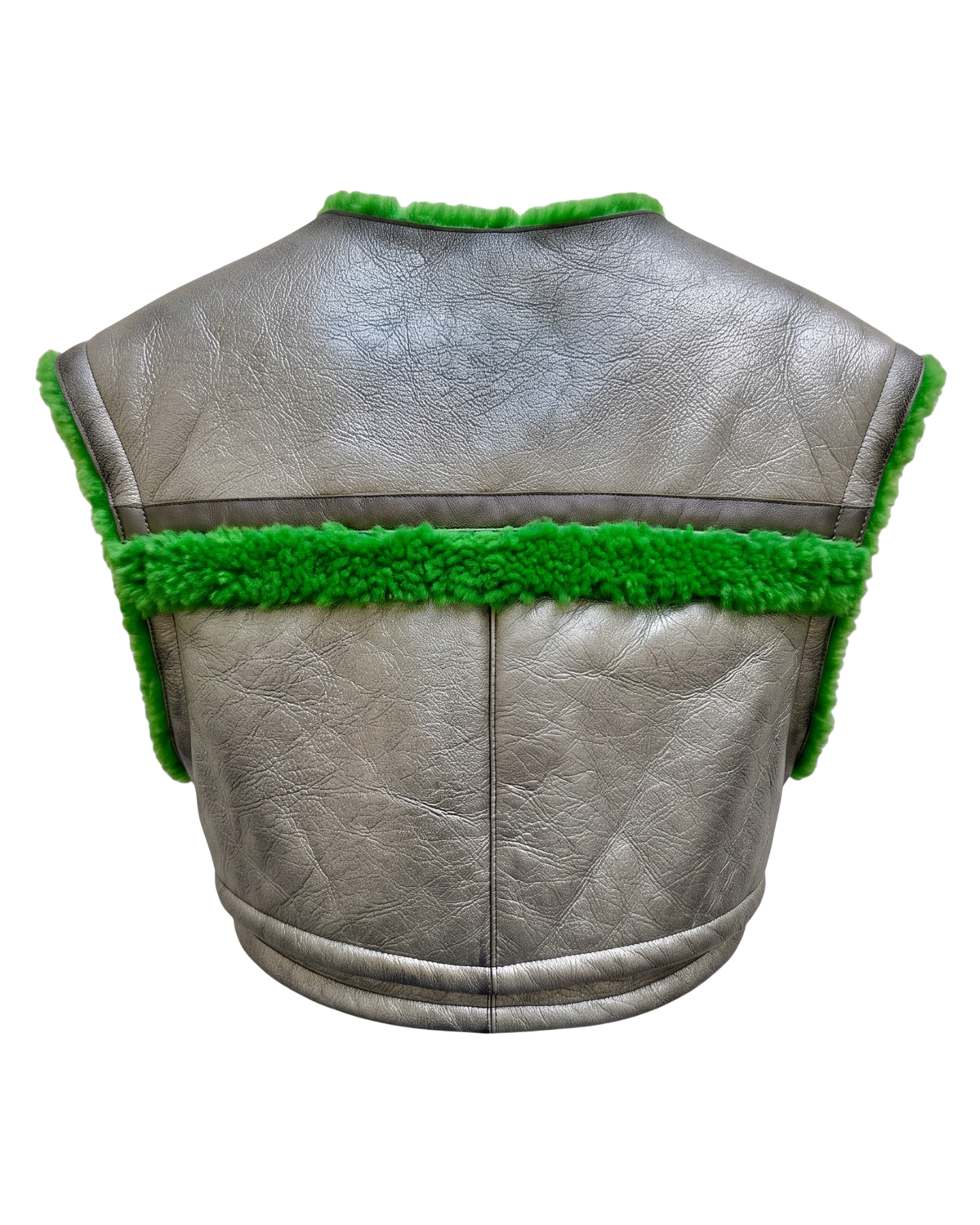 Prada cropped leather shearling vest in grey and green, back view with green shearling band across the yoke