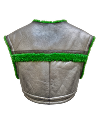 Prada cropped leather shearling vest in grey and green, back view with green shearling band across the yoke