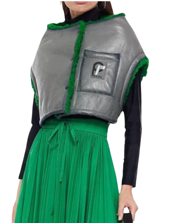 Prada Cropped Leather Shearling Vest — Grey/Green, Size IT 38 / US 2